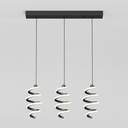 A modern pendant light fixture with three spiral-shaped LED lights hanging from a rectangular black ceiling mount against a plain white background.