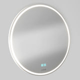 A round, wall-mounted mirror with LED lighting around the edge and touch control icons visible at the bottom center on a light gray background.
