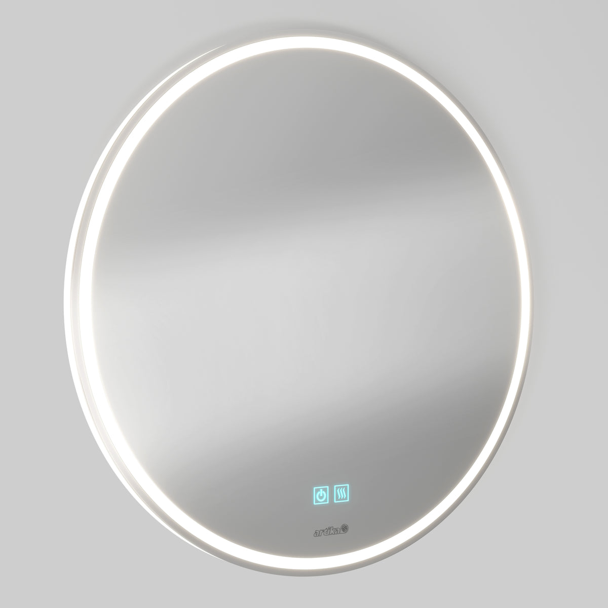 Artika Emeraude 24″x24″ anti-fog LED mirror with edge lighting and blue touch icons, ideal for bathrooms with gray walls.