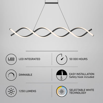 DNA Linear LED modern pendant light with a twisted design, 1250lm, selectable white, and dimmable integrated LED for 50k hours.