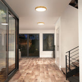 Modern hallway with wood floors, large glass windows and doors, black-framed staircase railing, and ceiling lights. Outside, trees and a garden are visible through the windows at dusk.