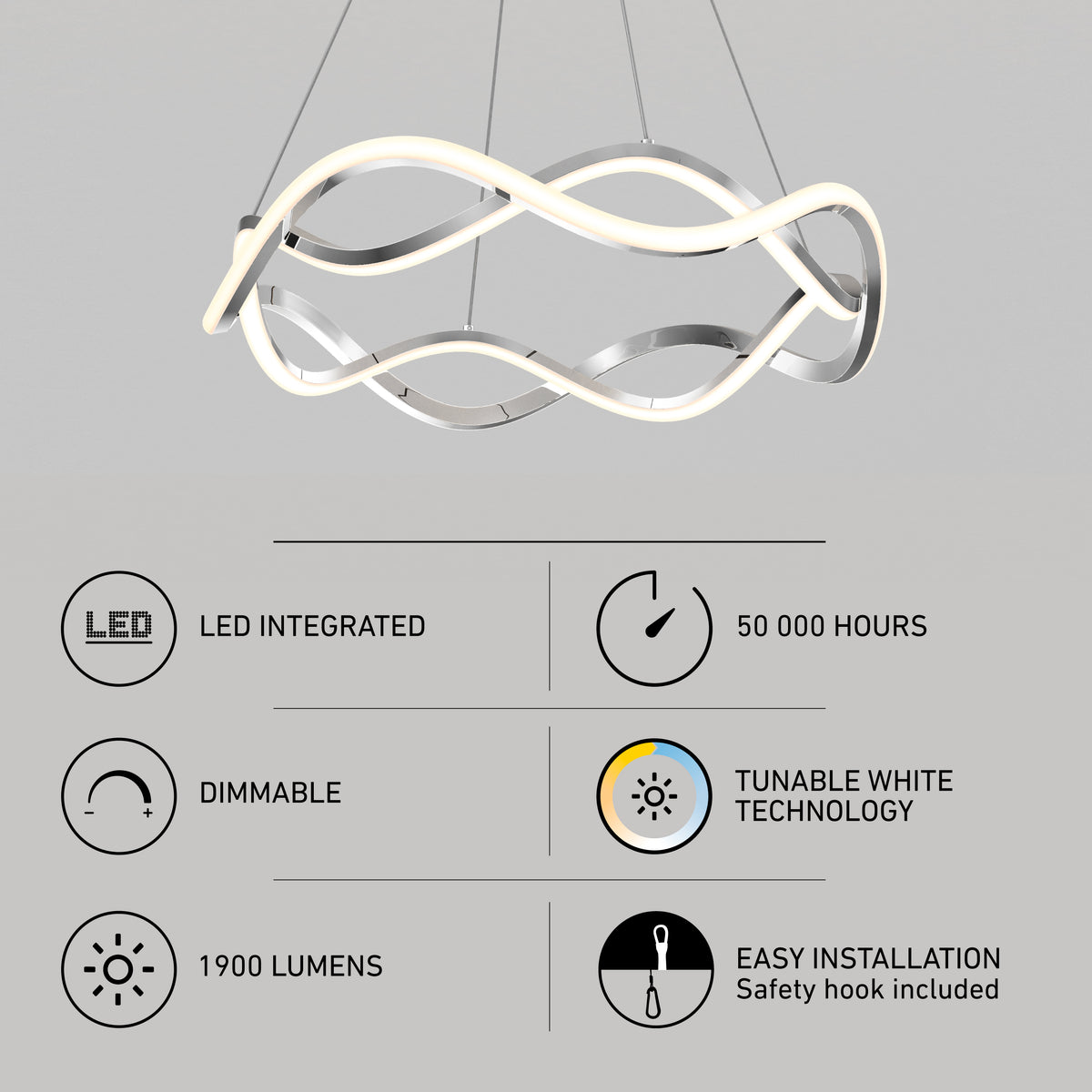 Modern pendant light with a wavy, LED-integrated design. Icons and text highlight features: 50,000 hours lifespan, dimmable, tunable white technology, 1900 lumens brightness, and easy installation.