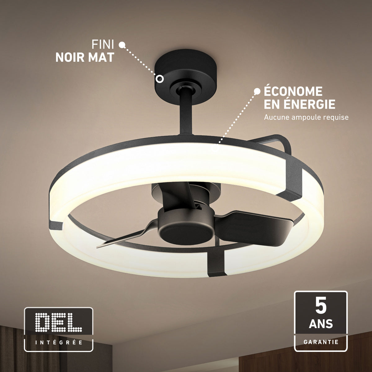 Artika Sunnyvale 23″ LED fandelier, black matte, remote included, energy-saving, 5-year French warranty—no bulb needed.