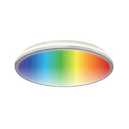 The Artika Macy 15 in. LED modern flush mount light features a white frame and an RGB gradient spectrum, transitioning smoothly from blue to green, yellow, orange, and red. Wifi-enabled for easy control.