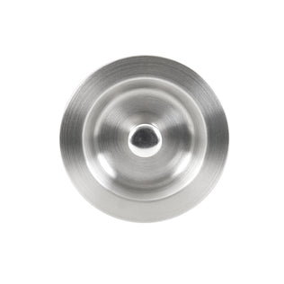 The image shows the Artika Newport 33 in. single bowl stainless steel workstation sink, viewed from above. Its round, brushed stainless steel design features a raised center and concentric patterns, highlighting its modern kitchen style.