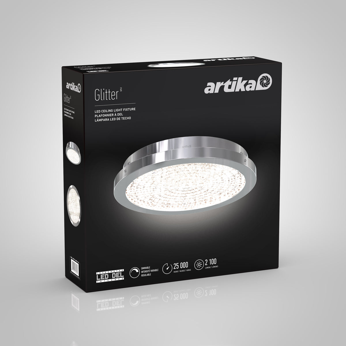 A black box featuring an Artika Glitter LED ceiling light fixture with a modern circular design. The box shows product images, key features, and specifications in English, French, and Spanish.
