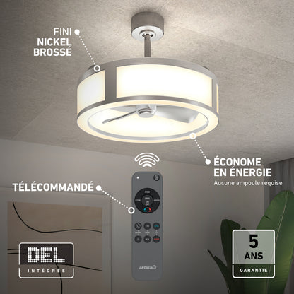 An Artika Huxley 23 in. (59 cm) LED modern fandelier ceiling fan with an integrated remote, energy efficiency, and a five-year warranty.