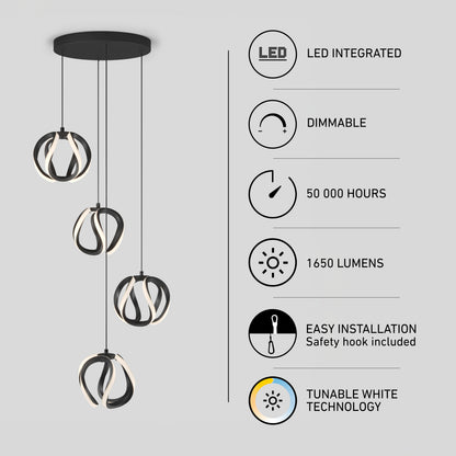 Artika Vivaldi modern LED 4-light pendant 5 CCT with four black spiral shades, 1650 lumens, dimmable controls, and 50,000 hours of energy efficiency.