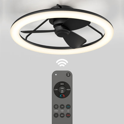 The Artika Darren 23 in. LED modern ceiling fan features three black blades, a sleek minimalist design, and includes an integrated circular LED light and remote control for wireless operation.