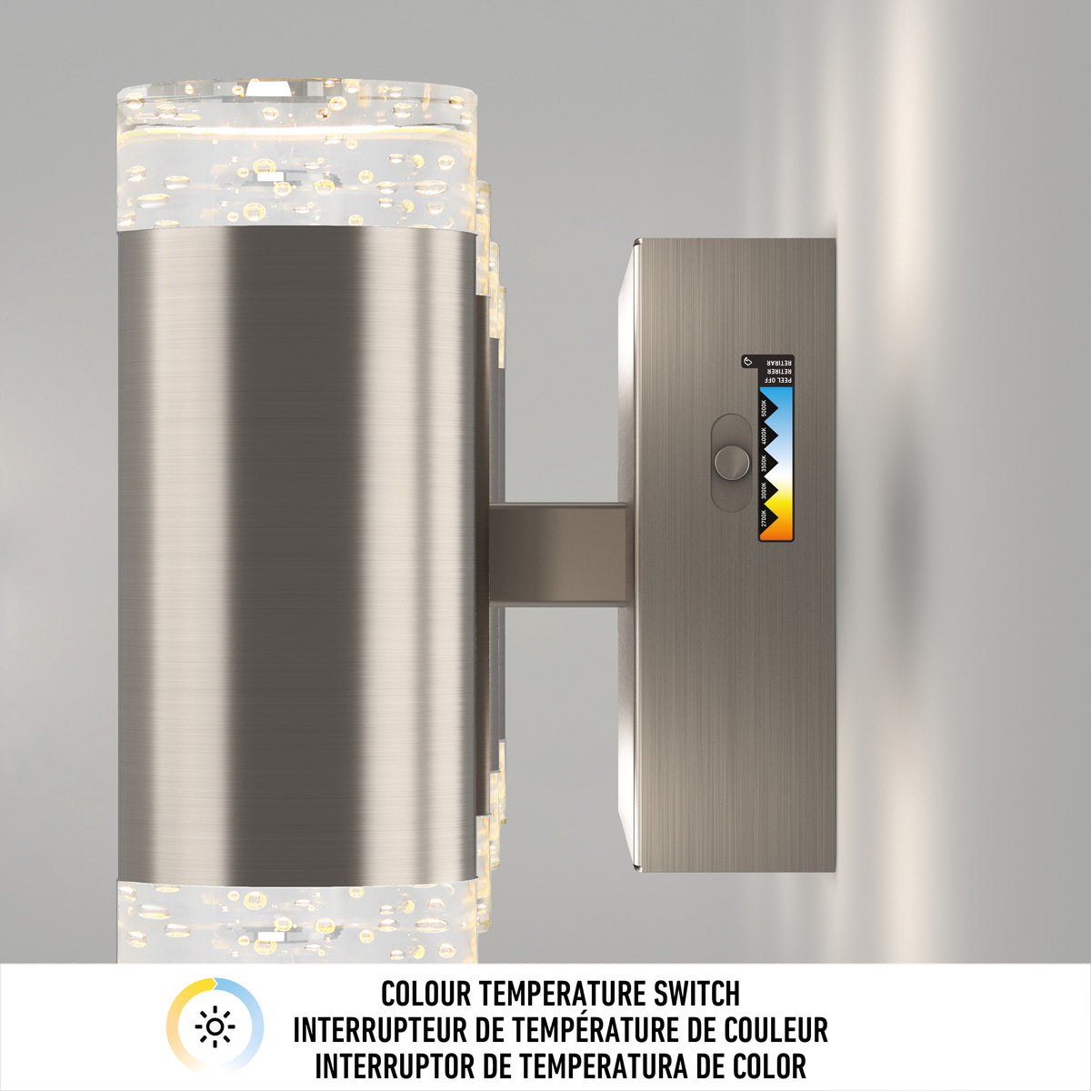 The Artika Mist modern LED bathroom vanity light 5 CCT features a brushed metal finish with bubble details, and a switch to adjust colour temperature from warm to cool—ideal for bathroom lighting.