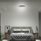 A modern bedroom with a gray upholstered bed, checkered bedding, two wooden nightstands with decor, and a round ceiling light. Minimalist artwork and plants add simple, cozy touches to the space.