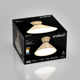 A black box featuring a modern, cone-shaped wooden LED pendant light by Artika. The packaging displays product features and specifications, with an illuminated image of the light fixture on the front.