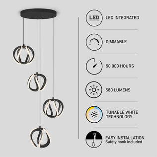 The Artika Vivaldi modern LED 4-light pendant features dimmable, ribbon-like rings with tunable white technology, 580 lumens, a 50,000-hour lifespan, easy installation, and a sleek black design.