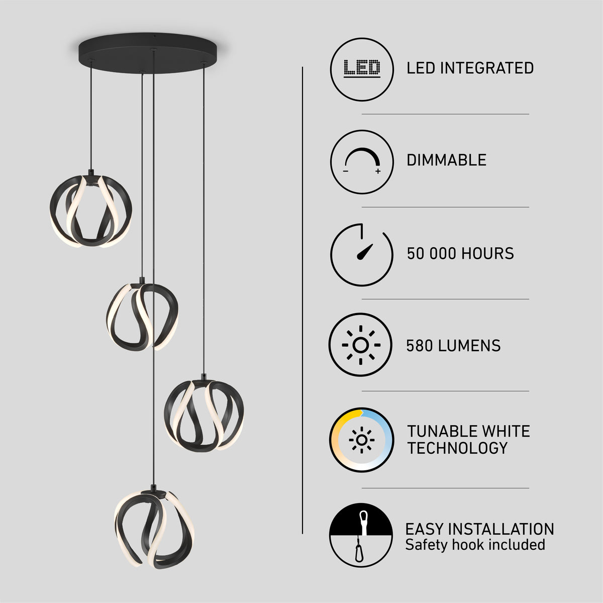 A modern pendant light with three twisted LED rings hangs from a round black base. Icons highlight features: LED integrated, dimmable, 50,000 hours lifespan, 580 lumens, tunable white technology, and easy installation.
