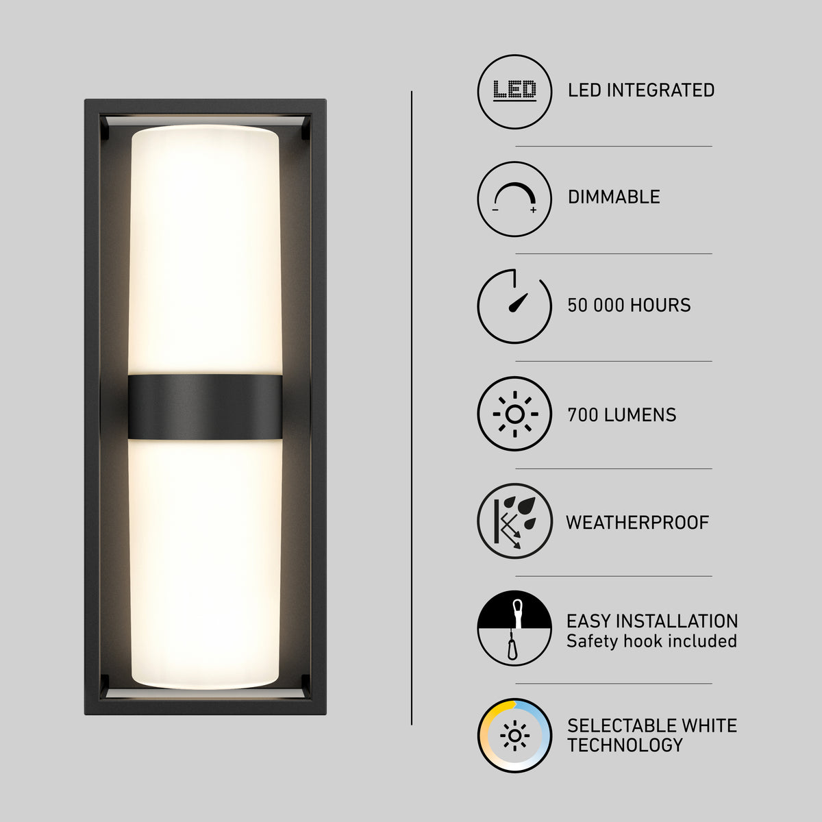 The Artika Sherman modern LED indoor-outdoor wall light features a central black band, integrated LEDs, dimmable 700 lumens, 50,000-hour lifespan, weatherproof design, selectable white (5 CCT), and easy installation.