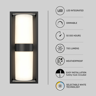 The Artika Sherman modern LED indoor-outdoor wall light features a central black band, integrated LEDs, dimmable 700 lumens, 50,000-hour lifespan, weatherproof design, selectable white (5 CCT), and easy installation.