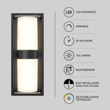 A rectangular LED wall light is shown on the left. On the right, icons and text highlight its features: LED integrated, dimmable, 50,000 hours, 700 lumens, weatherproof, easy installation, and selectable white technology.