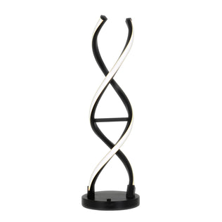 The Artika Swirl LED table lamp features two intertwined, DNA-like light strips on a round base, a dimmable design, and a sleek chrome finish for modern style.