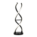 A modern table lamp with a black base and two intertwined, spiral-shaped light tubes resembling a DNA helix.