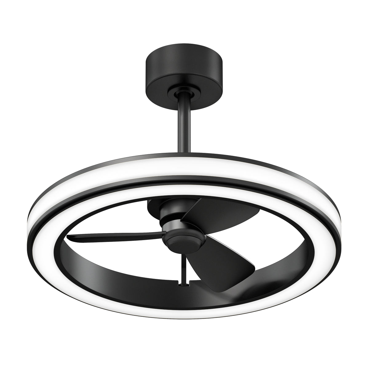 A modern black ceiling fan with three blades, surrounded by a circular LED light ring, and suspended from a short rod and round base.