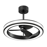 A modern black ceiling fan with three blades, surrounded by a circular LED light ring, and suspended from a short rod and round base.