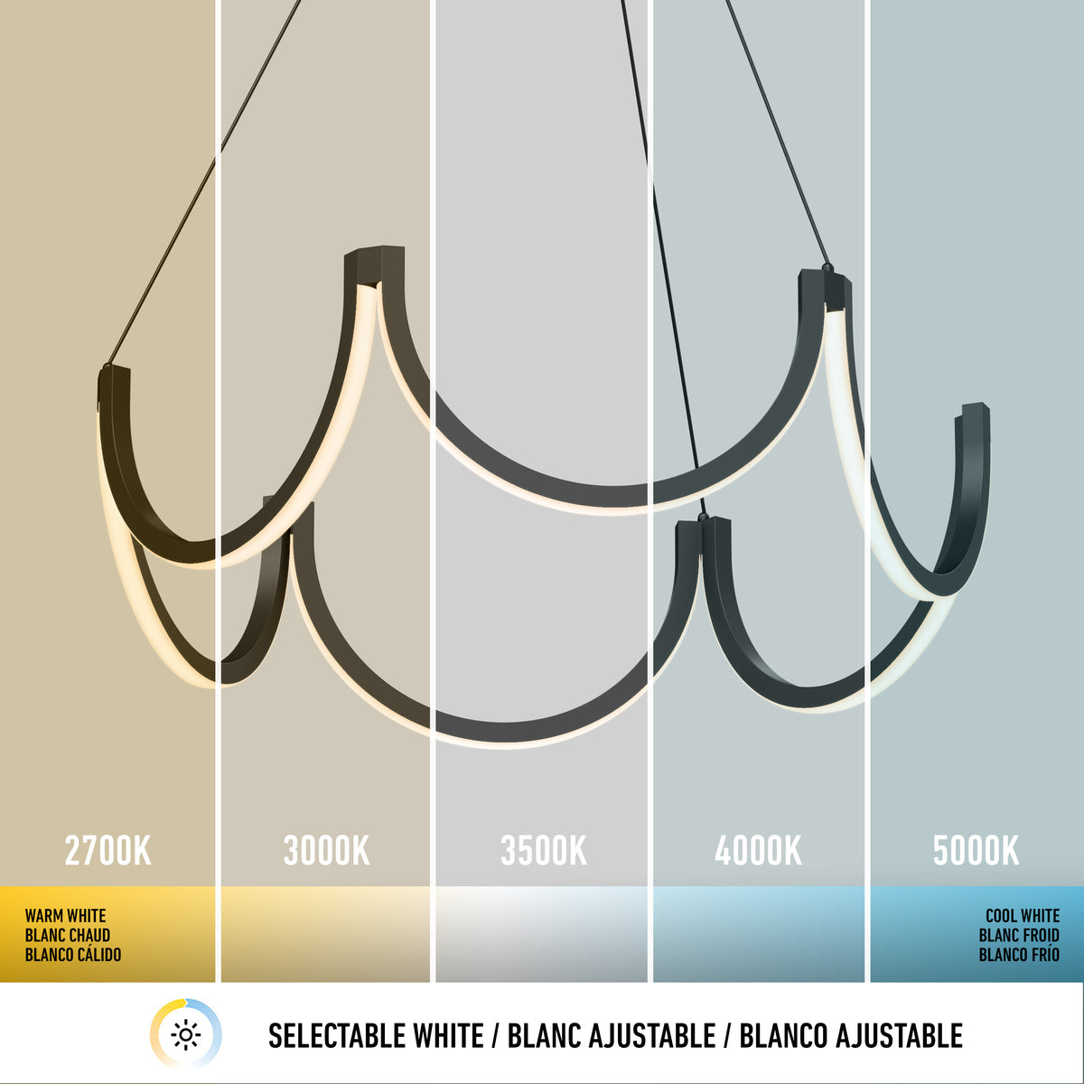Modern chandelier with three hanging arches, shown under five different white light color temperatures: 2700K (warm white), 3000K, 3500K, 4000K, and 5000K (cool white), divided vertically for comparison.