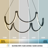 Modern chandelier with three hanging arches, shown under five different white light color temperatures: 2700K (warm white), 3000K, 3500K, 4000K, and 5000K (cool white), divided vertically for comparison.