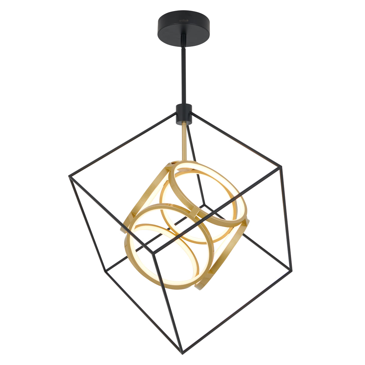 A modern ceiling light fixture with a black metal open cube frame surrounding intersecting gold circular rings, suspended from a black rod and ceiling mount.