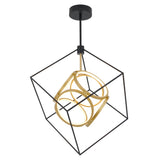 A modern ceiling light fixture with a black metal open cube frame surrounding intersecting gold circular rings, suspended from a black rod and ceiling mount.
