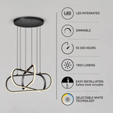 Modern LED pendant light with a twisted, looped design hangs from the ceiling. Features listed: LED integrated, dimmable, 50,000 hours lifespan, 1800 lumens, easy installation, and selectable white technology.