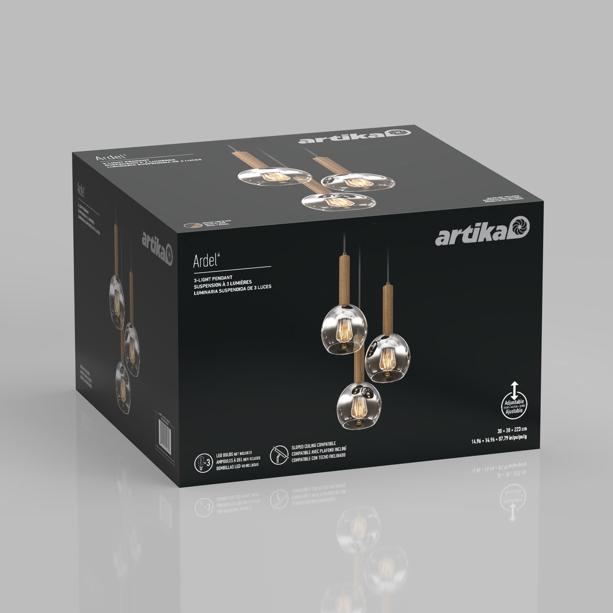 A black box with the Artika logo showcases the Ardel Spiral 3-Light Pendant without Bulbs, featuring three glass globe lights with wood accents. The packaging displays product images and key specifications.