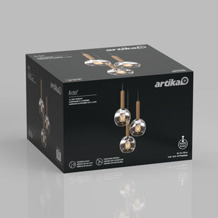 A black box with the Artika logo showcases the Ardel Spiral 3-Light Pendant without Bulbs, featuring three glass globe lights with wood accents. The packaging displays product images and key specifications.