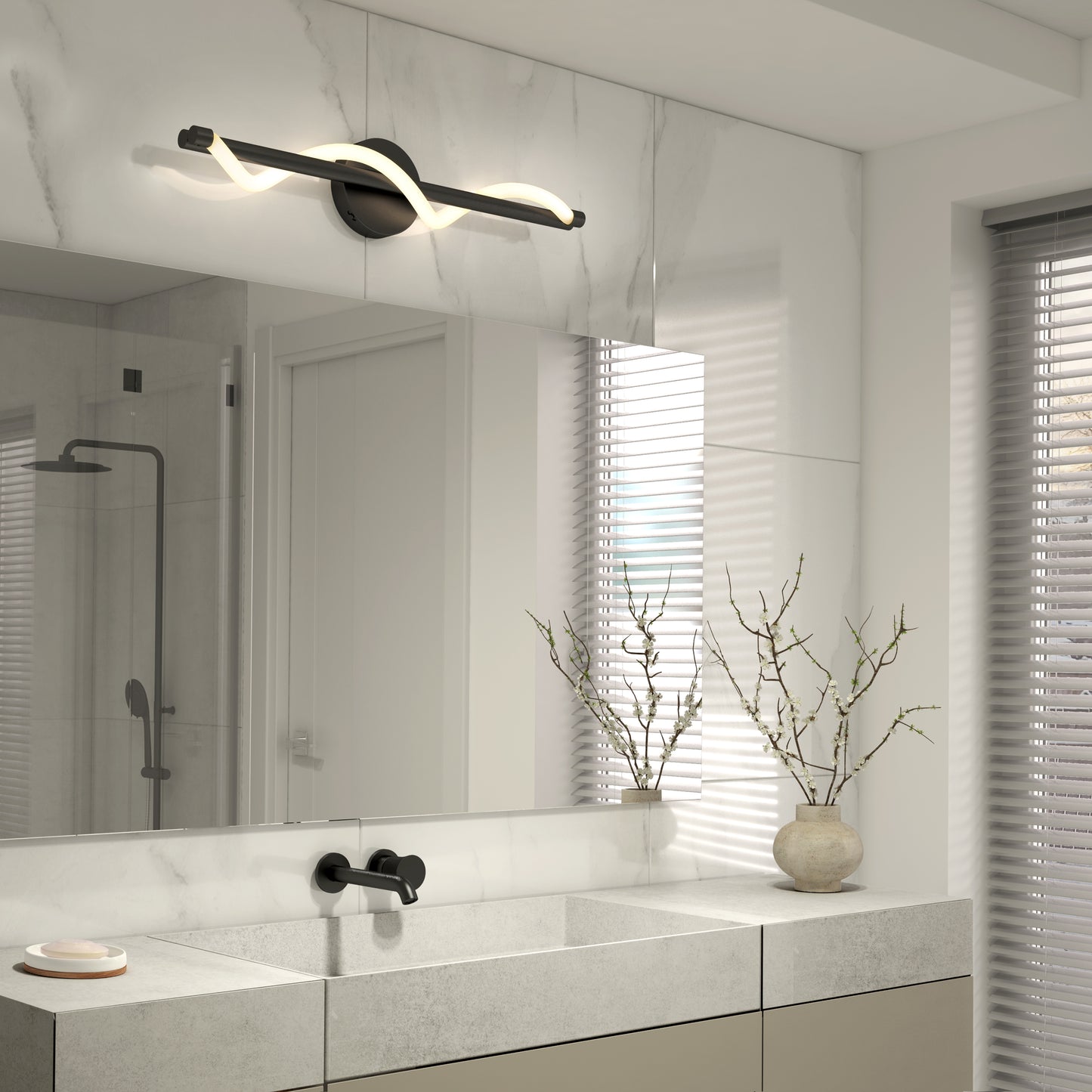 Modern bathroom with a large mirror, double sink, Artika’s Neon modern LED bathroom vanity light 5 CCT, minimalist beige vanity, ceramic vase with branches, and a window with blinds letting in natural light.