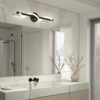 Modern bathroom with a large mirror, double sink, Artika’s Neon modern LED bathroom vanity light 5 CCT, minimalist beige vanity, ceramic vase with branches, and a window with blinds letting in natural light.