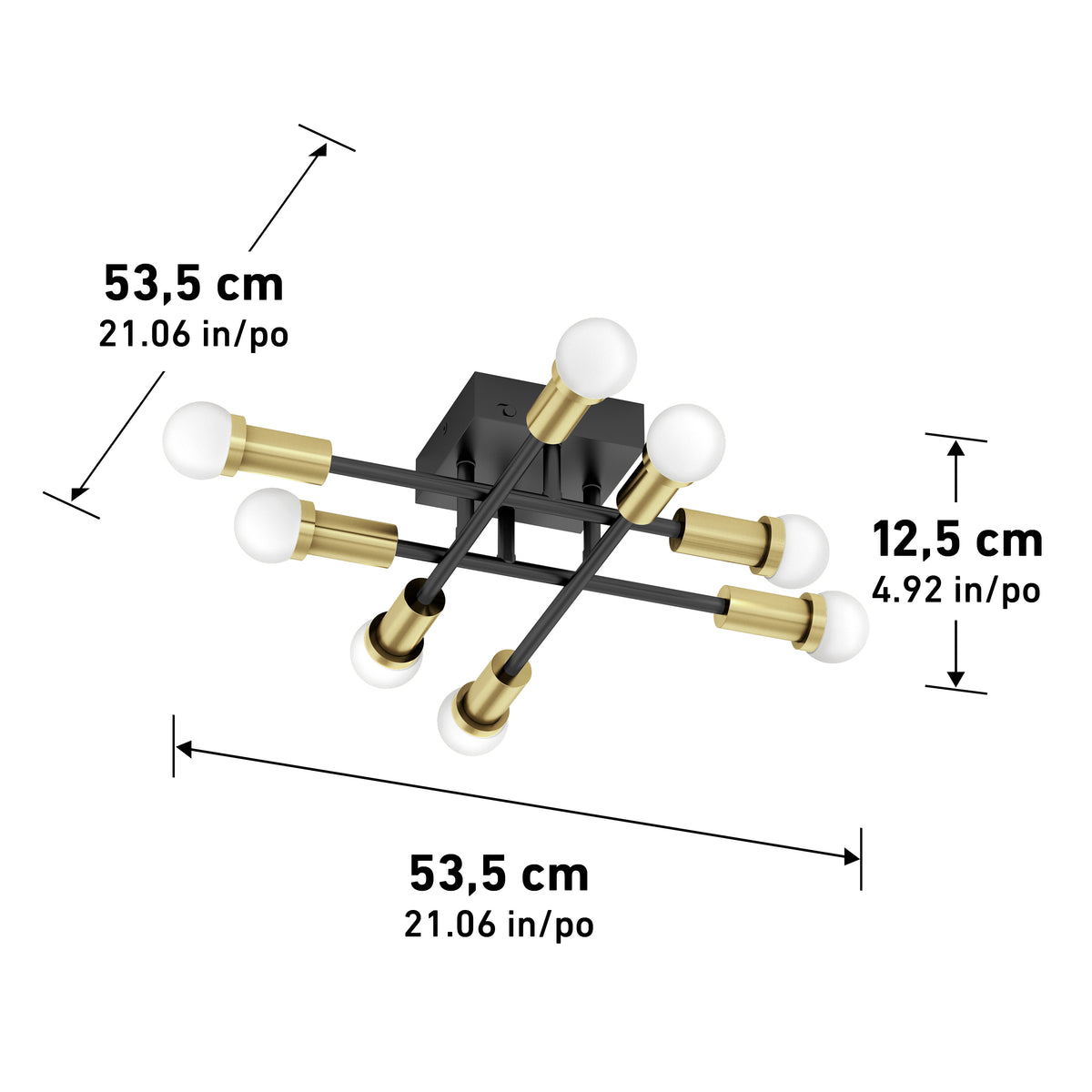 The Artika Aristo LED flush mount 3 CCT features 6 bulbs, black & gold finish, adjustable color temp; 53.5cm wide x 12.5cm high.