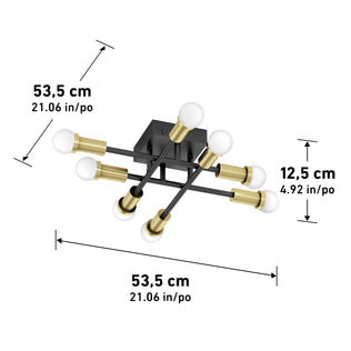 The Artika Aristo LED flush mount 3 CCT features 6 bulbs, black & gold finish, adjustable color temp; 53.5cm wide x 12.5cm high.
