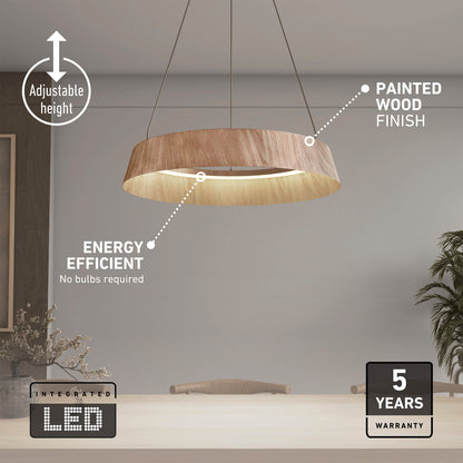 The Artika Tallis LED pendant light with a painted wood finish hangs above a dining table. It features adjustable height, energy-efficient integrated LED (5 CCT), and comes with a 5-year warranty.