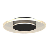 A modern, round ceiling light fixture with a black center and a translucent outer ring that emits a soft glow. The light has a sleek, minimalist design, photographed against a white background.