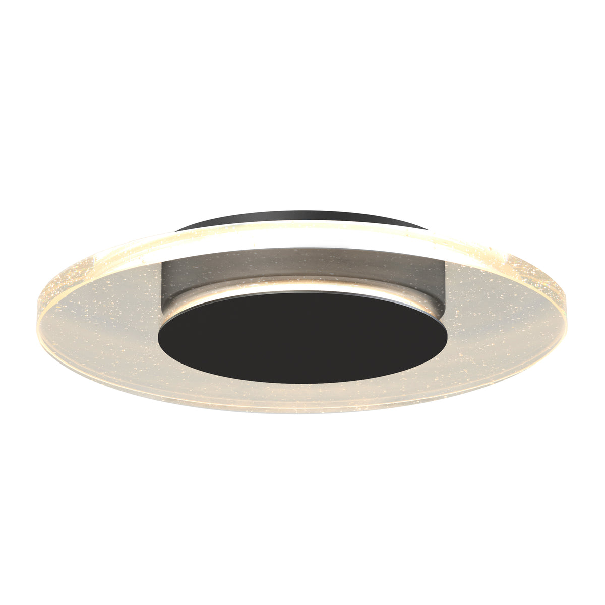 The Essence Disk LED flush mount by Artika is a modern ceiling light with a circular, speckled transparent ring and solid black center, shown from below against a white background.