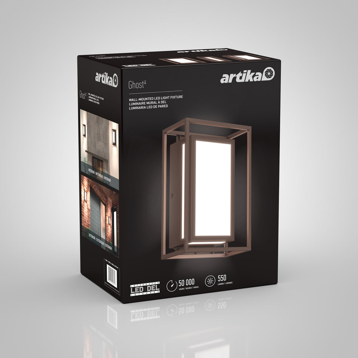 A black Artika product box featuring the Ghost LED wall-mounted light fixture, with images of the light in use, product details, and specs including 50,000-hour lifespan and 550 lumens.