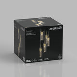 A black box featuring the Artika logo and the “Essence 5” pendant light fixture. The box displays images of five hanging glass tube lights with gold accents. Product specs and icons are shown on the front.
