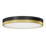 A modern, circular ceiling light fixture with a black outer rim and gold accent trim, featuring a white diffused center.