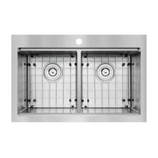 Top view of the Artika Newport double bowl stainless steel sink featuring metal grids in each basin and a single centered faucet hole at the back.
