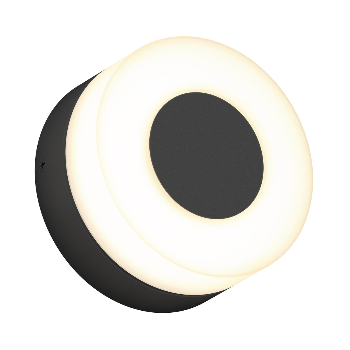 A round, modern wall light fixture with a black center and base, surrounded by a glowing white circular ring, viewed at an angle on a white background.