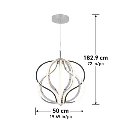 The Artika Meridian LED pendant light features curved strips in a spherical design, a chrome finish, and hangs from a ceiling mount. It measures 50 cm (19.69 in) wide and up to 182.9 cm (72 in) high for contemporary style.