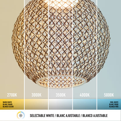 The Artika Benson LED pendant light 5 CCT displays five color temperatures: 2700K (warm white), 3000K, 3500K, 4000K, and 5000K (cool white), allowing light from warm yellow to cool blue tones.