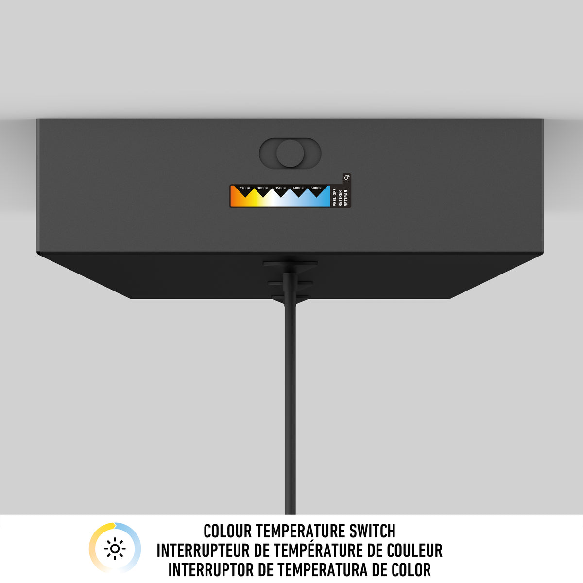 The Artika Barden 3-light LED pendant light in black mounts on the ceiling, featuring a color temperature switch (warm to cool) with scale. A cord hangs down, and multilingual info about the switch is displayed below.