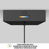 A black box mounted on the ceiling features a color temperature switch with multiple settings. A cord hangs from the bottom. Below is a label indicating Colour Temperature Switch in English, French, and Spanish.