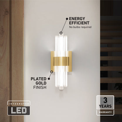 Artika’s Dorado LED contemporary wall sconce, with a plated gold finish and 3 CCT options, is shown on a light wall. Labels indicate energy efficiency and a 3-year warranty.