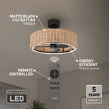 Ceiling fan with a woven rattan matte black fixture, LED light, and remote control. Text highlights integrated LED, energy efficiency, remote control, and 5-year warranty. Remote is shown below the fan.